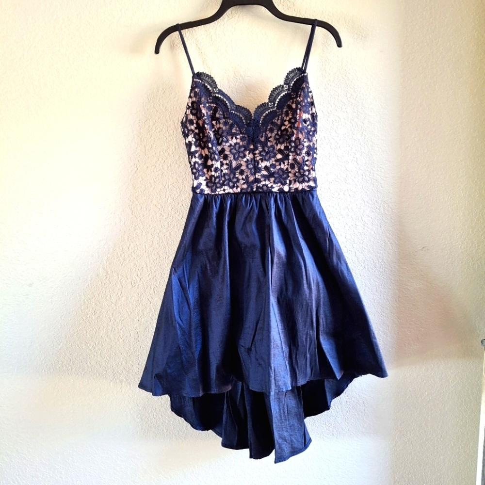B.Darlin Floral Hilow Lace BodiceFormal Navy‎ Blue Dress 3/4 cocktail prom